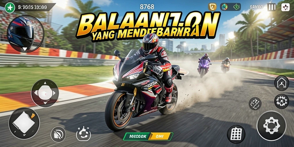 Screenshot utama 8768 menampilkan aksi balapan motor yang mendebarkan.