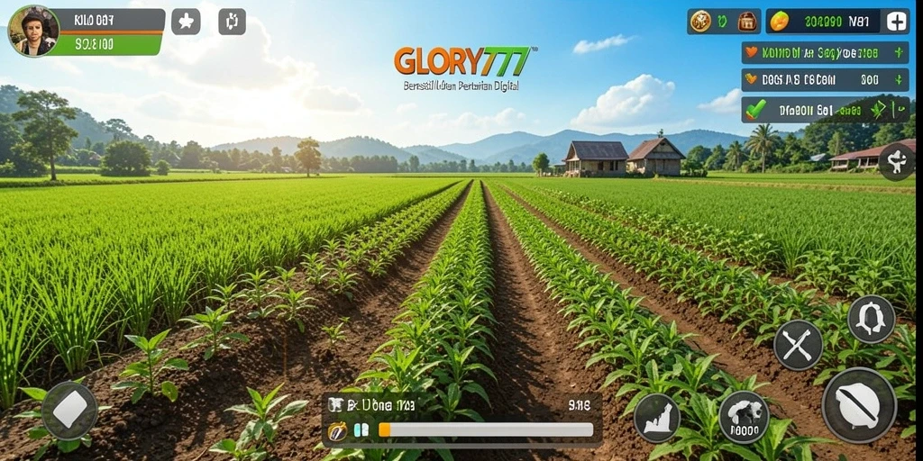 Tampilan gameplay menarik dari GLORY777 yang menunjukkan pertanian aktif.