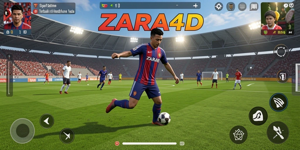Screenshot gameplay ZARA4D menampilkan aksi seru di lapangan sepak bola.